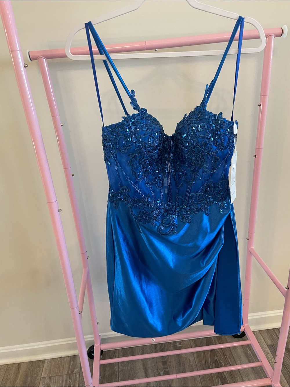 Blue Embellished Satin Mini Dress - Strappy Evening Style